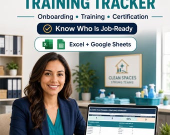 Tracker voor de training van schoonmaakmedewerkers, checklist voor de introductie van nieuwe medewerkers, logboek voor verlopen certificaten, spreadsheet voor naleving van HR-voorschriften voor schoonmaakpersoneel