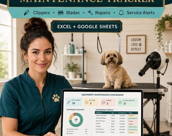 Dog Grooming Equipment Maintenance Tracker, Clipper Blade Sharpening & Repair Log, Pet Salon Tool Service Excel Google Sheets