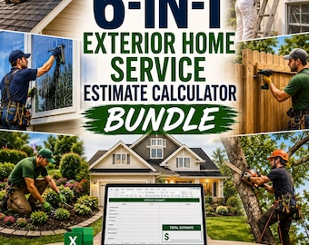 Pakket met calculator voor het schatten van de kosten van buitengevelwerkzaamheden, 6 Excel-spreadsheets voor prijsberekening, offertesjablonen voor aannemers en kostenramers.