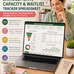 May include: A digital daycare enrollment, capacity, and waitlist tracker spreadsheet displayed on a laptop screen. The dashboard features charts, tables, and metrics for managing inquiries, applications, and classroom spots. Includes icons and text.