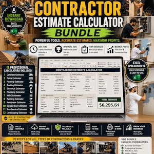 May include: A digital 12-in-1 contractor estimate calculator bundle displayed on a laptop screen. The interface shows project information, cost breakdowns, and payment summaries. The graphic includes text, icons, and photos of construction work.