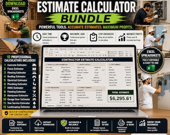 Pakket met calculator voor aannemerskosten, 12 prijsberekeningsspreadsheets, sjablonen voor bouwoffertes, Excel-pakket voor kostenraming