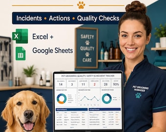 Dog Grooming Incident Tracker, Pet Salon Accident Injury Near Miss & Corrective Action Log, Safety Dashboard Excel Google Sheets