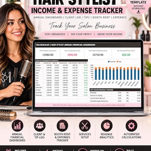 Hair Stylist Income Tracker Excel Template, Salon Tips Expenses Booth Rent Profit Dashboard