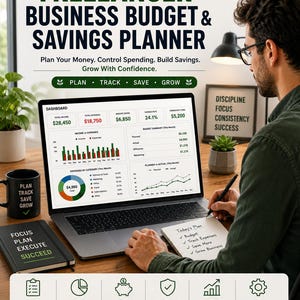 May include: A digital Freelancer Business Budget & Savings Planner displayed on a laptop screen, featuring financial dashboards, charts, and graphs. The planner includes sections for income, expenses, savings, and budget summaries for tracking business finances.