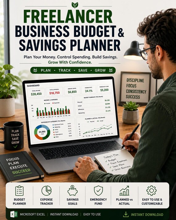 Business Budget Spreadsheet, Freelancer Budget Planner, Savings & Emergency Fund Tracker, Excel Google Sheets Template