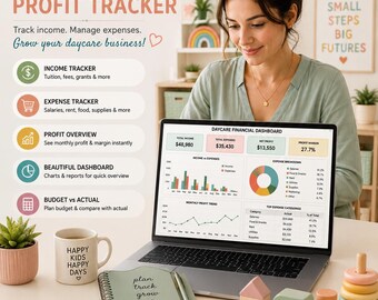 Spreadsheet voor het bijhouden van inkomsten en uitgaven van een kinderdagverblijf, dashboard voor winst en verlies in de kinderopvang, budgetplanner voor kinderdagverblijf, financieel Excel-sjabloon