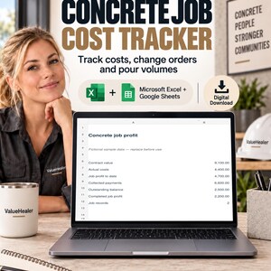 Peut inclure: Un tableur numérique Concrete Job Cost Tracker pour Microsoft Excel et Google Sheets. L'écran affiche des données financières, notamment la valeur du contrat, les coûts réels, le profit et le solde. Inclut une icône de téléchargement.