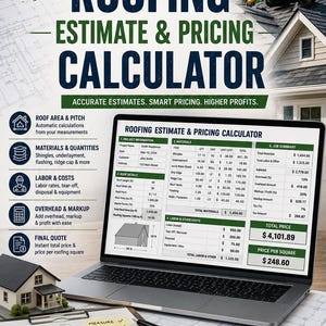 May include: A digital roofing estimate and pricing calculator displayed on a laptop screen, featuring columns for project information, materials, labor costs, and job summaries with numerical data, alongside a pen and a small house model.