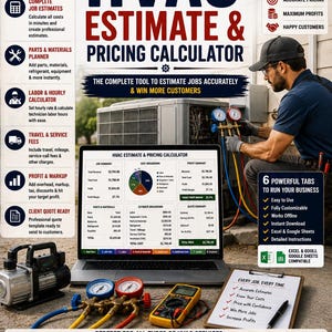 May include: A digital HVAC estimate and pricing calculator displayed on a laptop screen, surrounded by professional tools including a vacuum pump, manifold gauges, and a multimeter, with text overlays detailing business management features.