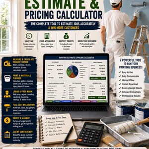 Pode incluir: Uma calculadora digital de estimativa e preços de pintura exibida na tela de um laptop, apresentando resumos de trabalho, detalhamento de custos e margens de lucro para gerenciar projetos de pintura de forma profissional e eficiente.