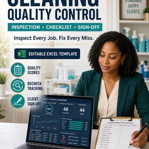 May include: An editable Excel template for cleaning quality control featuring a dashboard on a laptop screen and a physical cleaning inspection checklist on a clipboard. The text includes Cleaning Quality Control, Inspection, Checklist, Sign-off, and Inspect Every Job. Fix Every Miss.