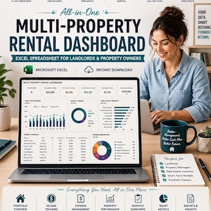 May include: An all-in-one multi-property rental dashboard Excel spreadsheet for landlords and property owners. The digital interface displays financial metrics, cash flow charts, and property summaries. Includes icons for income tracking, expense management, and portfolio performance analysis.