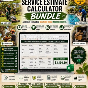 May include: A 6-in-1 outdoor and property service estimate calculator bundle for Excel, featuring a laptop displaying a professional spreadsheet for landscaping, lawn care, tree service, fence, pool, and junk removal business quotes.