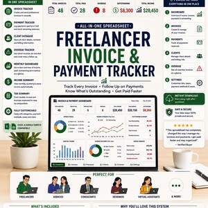May include: An infographic for a Freelancer Invoice & Payment Tracker spreadsheet. It displays business management features, a dashboard preview with charts, and icons for tracking invoices, payments, clients, and income for professional business use.