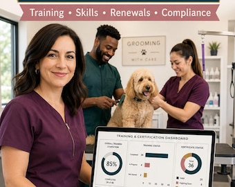 Dog Groomer Staff Training Tracker, Employee Certification Expiry & Compliance Matrix, Pet Salon HR Spreadsheet Excel Google Sheets