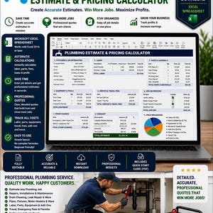 May include: A digital plumbing estimate and pricing calculator displayed on a laptop screen, featuring sections for customer information, labour, parts, materials, equipment, and service fees, with a summary table and a colourful pie chart breakdown.