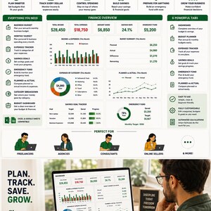 May include: A digital freelancer business budget and savings planner displayed on a laptop screen, featuring financial charts, expense trackers, and savings goals. The interface includes sections for income, expenses, and budget summaries with clear data visualizations.