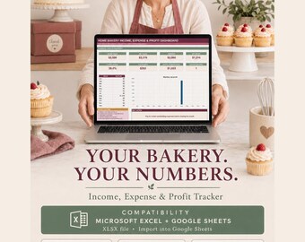 Home Bakery Income and Expense Tracker, Profit Dashboard, Excel and Google Sheets Bookkeeping Spreadsheet
