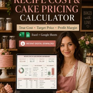 Calculadora de costos de recetas de panadería, hoja de cálculo de precios de pasteles y ganancias para negocios de alimentos, libro de trabajo de Excel