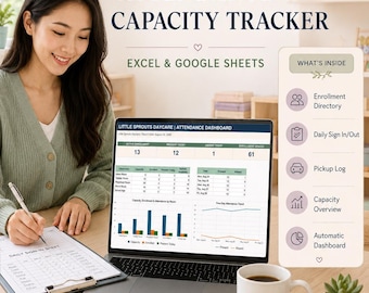 Spreadsheet voor het bijhouden van de aanwezigheid in de kinderopvang, dashboard voor in- en uitloggen en inschrijvingscapaciteit, Excel- of Google Sheets-sjabloon voor de peuterspeelzaal