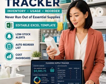 Cleaning Supplies Inventory Tracker, Reorder List Excel Template, Stock Usage Vendor and Expense Spreadsheet