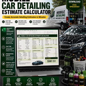 May include: A digital mobile car detailing estimate calculator displayed on a laptop screen, featuring sections for customer information, services, labour, and materials. The spreadsheet includes a total estimate of $587.51 and a car graphic.