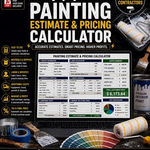 May include: A digital painting estimate and pricing calculator displayed on a laptop screen, surrounded by painting supplies including a paint roller, a paint can, a putty knife, blue painter's tape, and a color swatch fan deck on a dark surface.