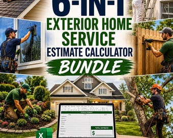 Pakket met offertecalculators voor de bouwsector, inclusief 6 Excel-spreadsheets voor prijsbepaling door aannemers.