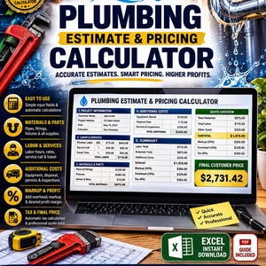 Puede incluir: Una calculadora digital de presupuestos y precios de fontanería en la pantalla de un portátil, con secciones para información del proyecto, mano de obra, materiales y costes. La interfaz muestra un precio final al cliente de 2.731,42 $.