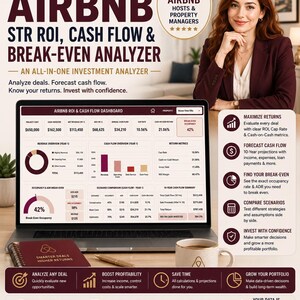 May include: A digital investment analyzer tool for Airbnb and short-term rentals displayed on a laptop screen. The dashboard features financial metrics including ROI, cash flow, and break-even analysis. Includes a notebook and mug on the desk.