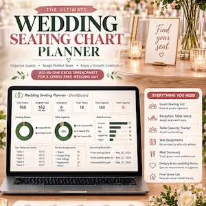 Peut inclure: Un planificateur de plan de table de mariage numérique affiché sur un écran d'ordinateur portable, présentant un tableau de bord avec le nombre d'invités, la capacité des tables et les résumés des repas, incluant le texte The Ultimate Wedding Seating Chart Planner.