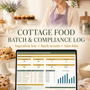 May include: A digital cottage food batch and compliance log displayed on a laptop screen. The dashboard features tables, charts, and metrics for tracking ingredient lots, batch records, and sales. Includes an XLSX workbook and PDF guide.