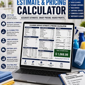 May include: A digital cleaning service estimate and pricing calculator displayed on a laptop screen. The interface includes sections for job information, property details, cleaning tasks, labour, supplies, add-ons, and a final customer price summary.