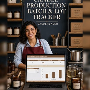 May include: A digital candle production batch and lot tracker spreadsheet displayed on a laptop screen, featuring data tables and a bar chart. The screen shows the text VALUEHEALER / PRODUCTION BATCHES, with various candle-making supplies visible.