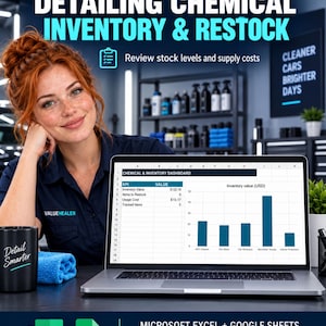 May include: A digital download for a detailing chemical inventory and restock dashboard compatible with Microsoft Excel and Google Sheets. The screen displays a spreadsheet with a chemical and inventory dashboard, KPI values, and a bar chart.