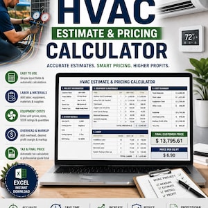Pode incluir: Software de cálculo de orçamentos e preços de HVAC exibido numa tela de portátil, com tabelas de informações do projeto, equipamentos, materiais, mão de obra e resumo de custos. A ferramenta digital inclui um ícone de download do Excel.