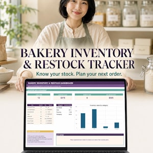 Op de afbeelding: Een digitale voorraad- en besteltracker voor bakkerijen op een laptopscherm. Het dashboard bevat een gezondheidsoverzicht, gedetailleerde lijsten en een staafdiagram met de voorraadwaarde per categorie. Tekst: VALUEHEALER, BAKERY INVENTORY & RESTOCK TRACKER, Know your stock. Plan your next order.