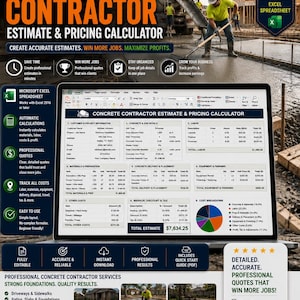 May include: A digital Concrete Contractor Estimate and Pricing Calculator spreadsheet displayed on a laptop screen. The interface includes sections for customer information, concrete job details, labor, materials, equipment, and a cost breakdown pie chart.