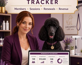 Dog Grooming Membership Tracker, Pet Salon Package Sessions & Renewal Spreadsheet, Recurring Revenue Dashboard, Excel Google Sheets