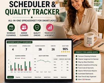 Airbnb Cleaning Schedule Spreadsheet | Turnover Checklist, Cleaner Assignment & Quality Tracker | Excel Google Sheets STR Template