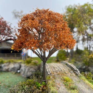 May include: A miniature model tree with a dense canopy of orange and brown autumn leaves, featuring a dark brown trunk with multiple branches, positioned next to a small stone-textured bridge in a diorama setting with green ground cover.