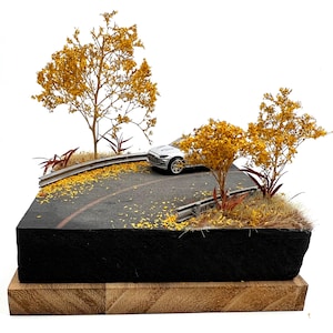 May include: A miniature diorama featuring a silver sports car model on a curved asphalt road section. The scene includes metallic guardrails, small yellow-leafed trees, and scattered yellow foliage on the dark gray road surface.