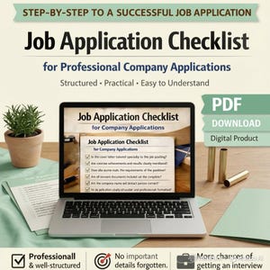 Könnte beinhalten: Ein Laptop zeigt eine "Job Application Checklist" für professionelle Unternehmensbewerbungen. Das Bild enthält eine Topfpflanze, eine grüne Mappe und den Text "PDF Download Digital Product."