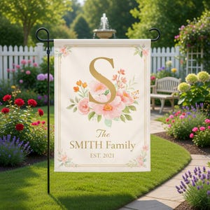 Custom Monogram Garden Flag, Personalized Family Name Flag, Pink Floral Yard Decor, Housewarming Gift for Home