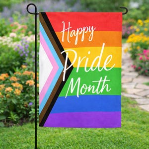 Glad Pride-månad trädgårdsflagga, Progress Pride gårdsflagga, HBTQ-utomhusdekor, regnbågsträdgårdsbanderoll