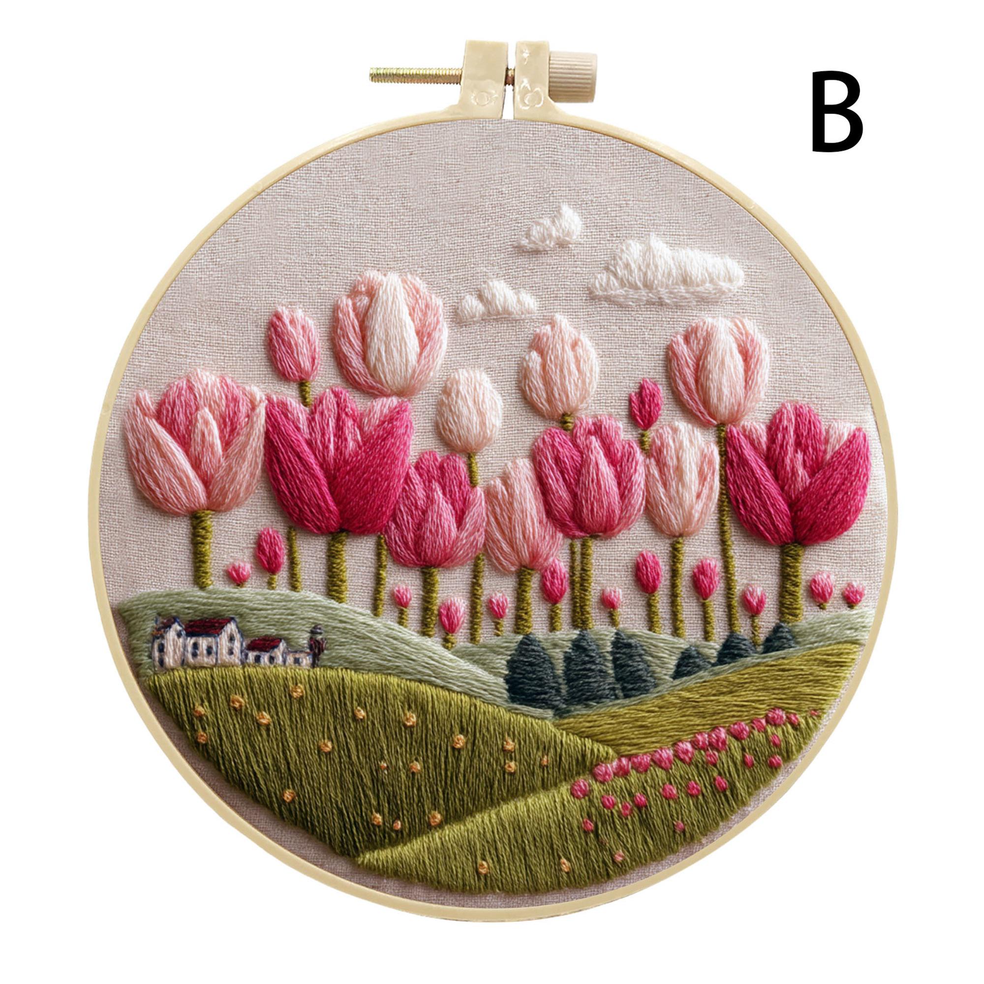 Tulip Embroidery Kit for Beginners With Hoop, Floral Landscape ...