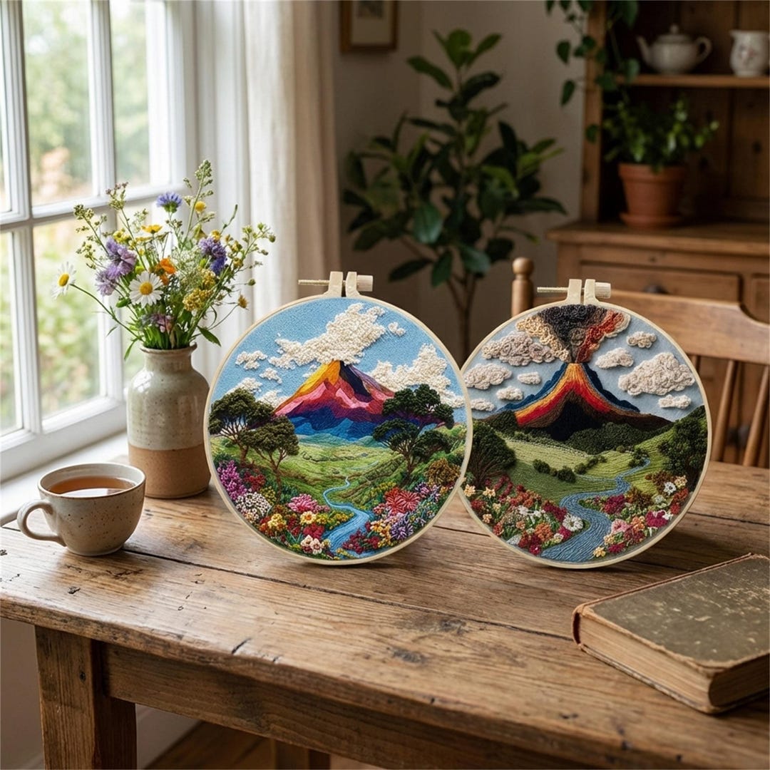 Mountain Landscape Embroidery Kit for Beginners With Hoop, Volcano ...