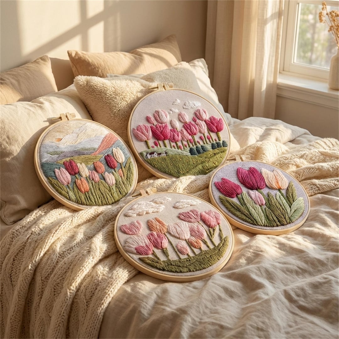 Tulip Embroidery Kit for Beginners With Hoop, Floral Landscape ...