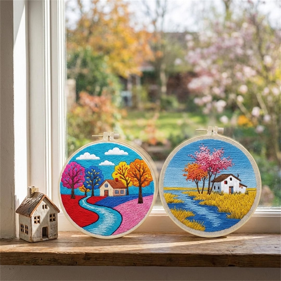 Colorful Landscape Embroidery Kit for Beginners With Hoop, River ...
